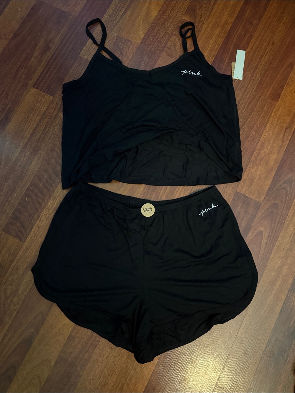 NWT PINK Victoria's Secret Black Camisole & Athletic Lounge Shorts Set - M